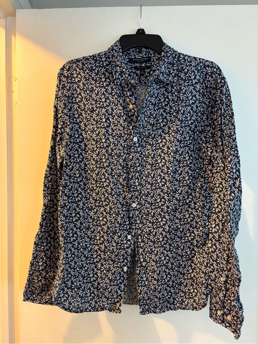 Banana Republic Navy Blue Button-Down with White Leaf Print